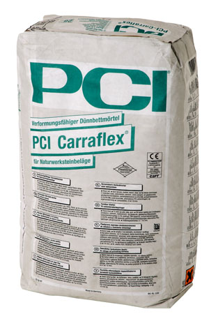 Sack PCI Carraflex Dünnbettmörtel für Naturwerksteinbeläge, verformungsfähig und für flexible Verlegung geeignet.