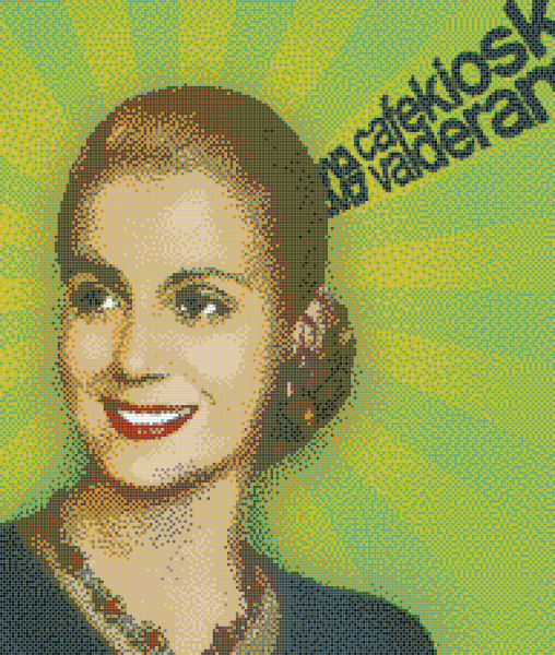 Porträt einer lächelnden Frau vor einem grün-gelben Hintergrund mit Sonnenstrahlen. Im oberen rechten Bereich ist ein Text in dunklen Buchstaben zu sehen. Das Bild hat einen pixelartigen Stil und eine nostalgische Anmutung.