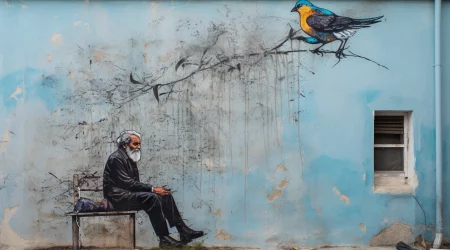 Fassadenmalerei an einer Hauswand, die einen alten Mann und einen Vogel darstellt