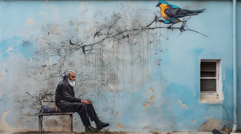 Fassadenmalerei an einer Hauswand, die einen alten Mann und einen Vogel darstellt