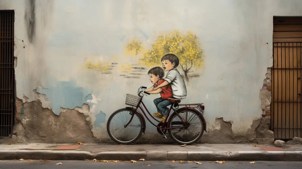 Streetart von zwei Kindern auf einem Fahrrad