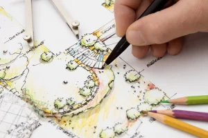 Ein Gartenplan wird per Hand mit Fineliner und Farbstiften gestaltet. Auf dem Entwurf sind geschwungene Wege, bepflanzte Flächen, Sitzbereiche und Gehölze eingezeichnet. Ein Zirkel und mehrere Farbstifte liegen neben der Skizze.