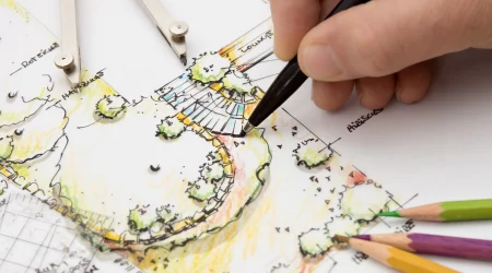 Ein Gartenplan wird per Hand mit Fineliner und Farbstiften gestaltet. Auf dem Entwurf sind geschwungene Wege, bepflanzte Flächen, Sitzbereiche und Gehölze eingezeichnet. Ein Zirkel und mehrere Farbstifte liegen neben der Skizze.