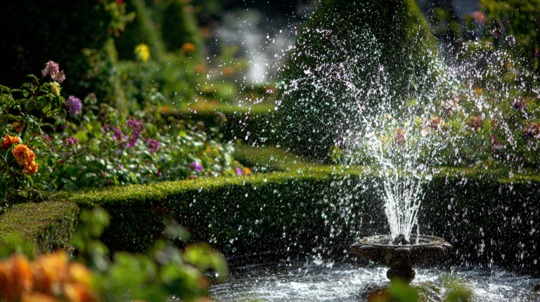 Ein Springbrunnen in einem idyllischen Garten