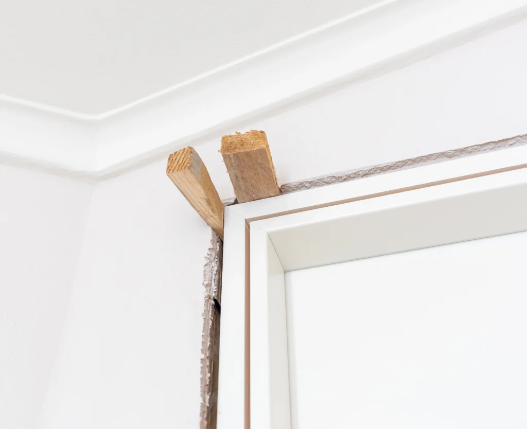 Einbau einer weißen Türzarge, die in der oberen Ecke mit zwei Holzkeilen in der Wandöffnung präzise ausgerichtet und fixiert wird.