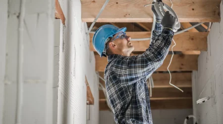 Elektriker montiert Hauselektrik in einem Neubau