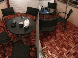 Zweiteiliges Bild eines kleinen Balkons mit Holzfliesen in Mosaikoptik und schwarzem Gartentisch mit vier Stühlen, auf dem eine Teekanne und Aschenbecher stehen.