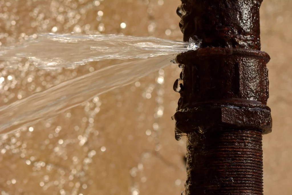 Ein rostiges Rohr mit einer Undichtigkeit, aus der Wasser seitlich spritzt. Der Hintergrund ist unscharf und hell, mit Lichtreflexionen, die die Bewegung des Wassers betonen.