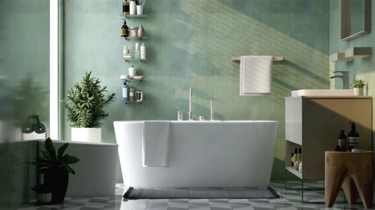 Moderne Badewanne in einem türkis eingerichteten Badezimmer