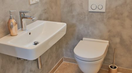 Renovierte Gästetoilette mit weißem Waschbecken und WC