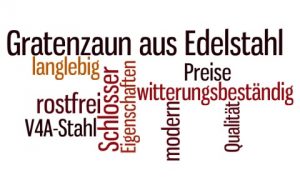 Wortwolke zum Thema Gartenzaun aus Edelstahl mit Begriffen wie rostfrei witterungsbeständig langlebig Qualität V4A Stahl und modern.