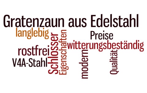 Wortwolke zum Thema Gartenzaun aus Edelstahl mit Begriffen wie rostfrei witterungsbeständig langlebig Qualität V4A Stahl und modern.