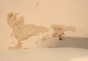 Wasserflecken an einer beigen Wand, die unregelmäßige Muster bilden. Die Verfärbungen deuten auf Feuchtigkeitsschäden hin. Die Wand scheint Risse aufzuweisen, und die Oberfläche ist uneben.
