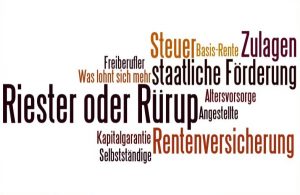 Wortwolke zum Thema Altersvorsorge mit Begriffen wie "Riester oder Rürup", "Rentenversicherung", "staatliche Förderung", "Steuer", "Zulagen", "Basis-Rente", "Kapitalgarantie", "Selbstständige", "Freiberufler" und "Angestellte".