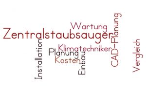 Wortwolke mit Begriffen zum Thema Zentralstaubsauger. Hervorgehobene Begriffe sind: Zentralstaubsauger, Wartung, CAD-Planung, Klimatechniker, Planung, Kosten, Einbau, Installation und Vergleich. Verschiedene Schriftgrößen und -farben werden verwendet.