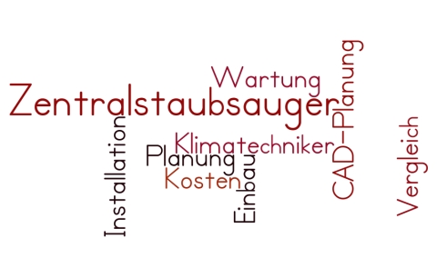 Wortwolke mit Begriffen zum Thema Zentralstaubsauger. Hervorgehobene Begriffe sind: Zentralstaubsauger, Wartung, CAD-Planung, Klimatechniker, Planung, Kosten, Einbau, Installation und Vergleich. Verschiedene Schriftgrößen und -farben werden verwendet.