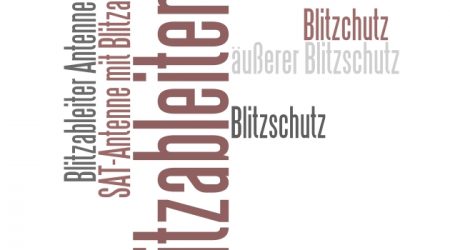Wortwolke mit Begriffen zum Thema Blitzschutz. Im Zentrum steht das Wort „Blitzableiter“, umgeben von verwandten Begriffen wie „Blitzschutz“, „äußerer Blitzschutz“, „SAT-Antenne mit Blitzableiter“ und „Blitzableiter Antenne“. Die Wörter sind in verschiedenen Schriftgrößen und Farben dargestellt.