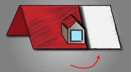 Schematische Darstellung eines roten Satteldachs mit eingezeichneter Gaube und Pfeil, der auf die rechte Dachhälfte zeigt, symbolisiert geplante Dacherweiterung oder Sanierung.