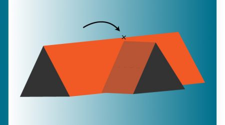 Schematische Darstellung eines Dachfirsts: Zwei geneigte Dachflächen treffen sich oben an einer markierten Stelle (X), die mit einem Pfeil gekennzeichnet ist. Die Illustration zeigt den Übergang am höchsten Punkt eines Daches.