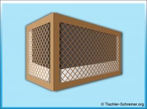 3D-Darstellung einer rechteckigen Holzverkleidung mit Gitterstruktur, vermutlich als Sichtschutz oder Verkleidung für eine Heizung oder Klimaanlage.