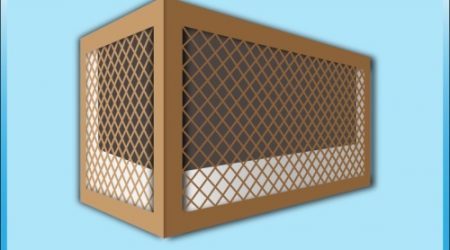 3D-Darstellung einer rechteckigen Holzverkleidung mit Gitterstruktur, vermutlich als Sichtschutz oder Verkleidung für eine Heizung oder Klimaanlage.