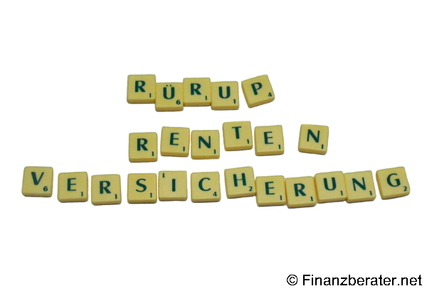 Scrabble-Buchstaben bilden die Wörter „Rürup“, „Renten“ und „Versicherung“ auf weißem Hintergrund – Symbolbild für Altersvorsorge mit der Rürup-Rente.