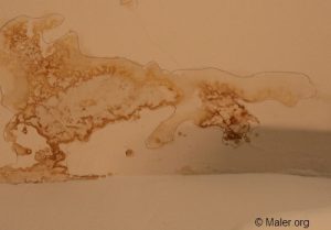 Beschädigte Wand mit deutlichen Wasserflecken und Ausblühungen. Die Verfärbungen sind braun und unregelmäßig geformt, was auf Feuchtigkeitsschäden hinweist. Unten rechts befindet sich der Schriftzug "© Maler.org".