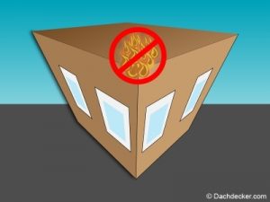 llustration eines Gebäudes mit einem durchgestrichenen Flammensymbol auf dem Dach – symbolisiert den brandschutz am Flachdach.
