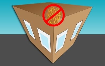llustration eines Gebäudes mit einem durchgestrichenen Flammensymbol auf dem Dach – symbolisiert den brandschutz am Flachdach.
