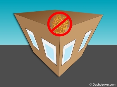 llustration eines Gebäudes mit einem durchgestrichenen Flammensymbol auf dem Dach – symbolisiert den brandschutz am Flachdach.