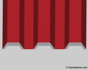 Grafische Darstellung von roten Dachplatten aus Kunststoff in Profilform, vertikal angeordnet mit wellenförmiger Struktur.
