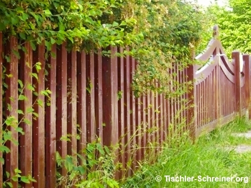 Brauner Holzzaun mit senkrechten Latten und geschwungenem Torverlauf, teilweise von grüner Vegetation und Hecken überwachsen