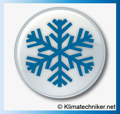 Blaues Schneeflockensymbol auf einem weiß-grauen, leicht transparenten Kreis mit einem blauen Rand. Unten rechts ist der Text © Klimatechniker.net eingefügt. Das Design wirkt kühl und technisch.