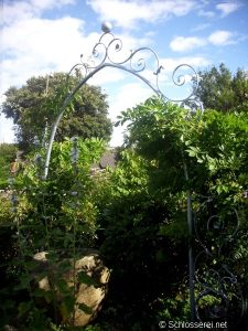 Ein elegantes, schmiedeeisernes Torbogen mit kunstvollen Verzierungen steht in einem üppigen Garten. Rankende Pflanzen wachsen daran empor. Im Hintergrund sind Bäume und blauer Himmel mit Wolken zu sehen. Eine ruhige, idyllische Gartenlandschaft.
