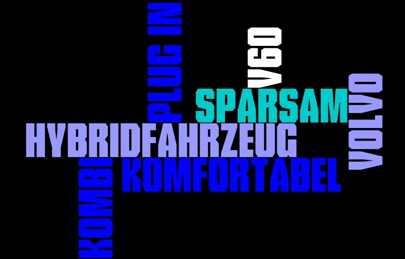 Wortwolke auf schwarzem Hintergrund mit Wörtern in Blau, Türkis und Weiß: „SPARSAM“, „HYBRIDFAHRZEUG“, „KOMFORTABEL“, „KOMBI“, „VOLVO“, „V60“, „PLUG IN“.