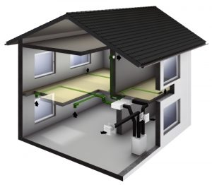 Querschnitt eines zweistöckigen Hauses mit einem Lüftungssystem. Sichtbare Lüftungskanäle sind grün markiert und führen durch Decken und Wände. Pfeile zeigen die Luftbewegung. Vier Fenster und ein schwarzes Dach sind erkennbar.