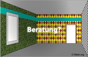 Ein Raum mit bunten Wänden: grüne und schwarze Muster, gelb-rotbraune Rautenmuster und schwarz-weiße Punkte. Ein großer Spiegel links und eine Tür rechts. Der Text "Beratung?" ist in der Mitte.