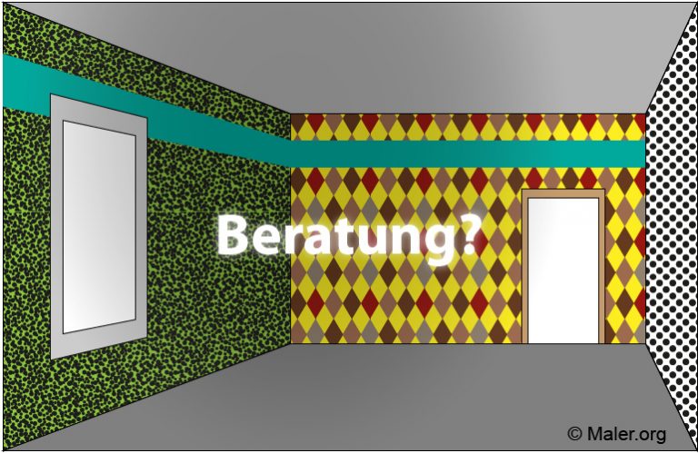 Ein Raum mit bunten Wänden: grüne und schwarze Muster, gelb-rotbraune Rautenmuster und schwarz-weiße Punkte. Ein großer Spiegel links und eine Tür rechts. Der Text "Beratung?" ist in der Mitte.