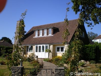Einfamilienhaus mit gepflegtem Vorgarten, Steinweg und zwei jungen Bäumen am Eingang bei sonnigem Wetter.
