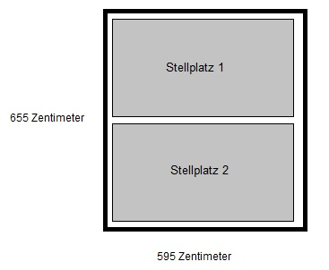 Diagramm zeigt eine rechteckige Fläche, unterteilt in zwei gleich große Stellplätze, beschriftet als Stellplatz 1 und Stellplatz 2. Die Gesamtmaße sind 655 cm x 595 cm.