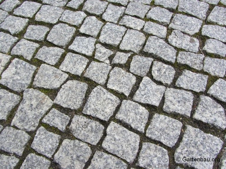 Nahaufnahme eines Pflasters aus unregelmäßig geformten, grauen Kopfsteinpflastersteinen mit sichtbaren Fugen, durch die Gras und Moos wachsen. Die Steine erscheinen alt und uneben.