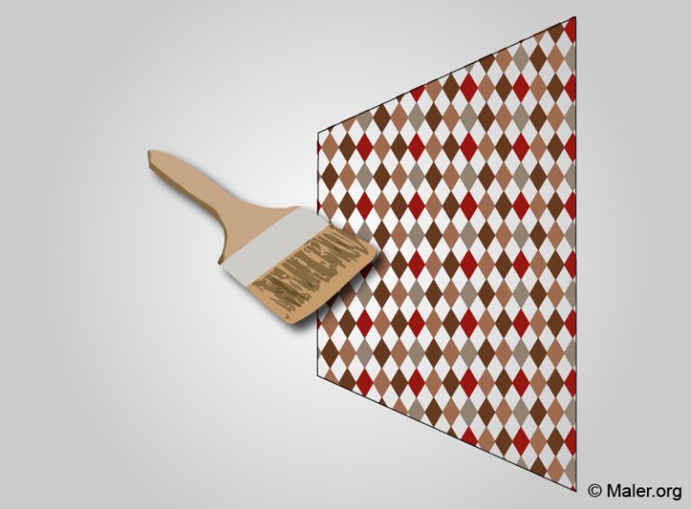 Ein großer Pinsel schwebt vor einer Wand. Die Wand ist mit einem Rautenmuster in Rot-, Braun- und Beigetönen bemalt. Der Hintergrund ist grau, und das Bild hat ein Urheberrechtssymbol mit der Aufschrift "© Maler.org".