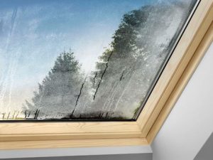 Dachfenster mit Feuchtigkeits- und Kondenswasserbildung an der Innenseite der Glasscheibe, teilweise freie Sicht auf Bäume im Hintergrund.