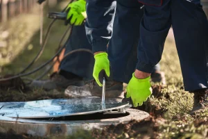 Sanitärfachmann öffnet den Deckel eines Abflussrohres um eine Sanierung durchzuführen.