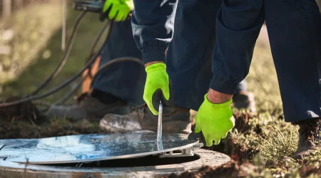 Sanitärfachmann öffnet den Deckel eines Abflussrohres um eine Sanierung durchzuführen.
