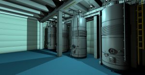 Mehrere industrielle Wärmespeicherbehälter in einem Technikraum mit Leitungen und Wartungsluken als Teil einer nachgerüsteten Wärmepumpenanlage.