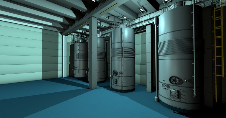 Mehrere industrielle Wärmespeicherbehälter in einem Technikraum mit Leitungen und Wartungsluken als Teil einer nachgerüsteten Wärmepumpenanlage.