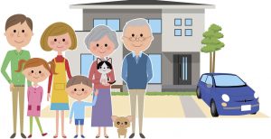 Illustration einer fröhlichen Mehrgenerationenfamilie mit Großeltern, Eltern, Kindern, Hund und Katze vor einem modernen Einfamilienhaus mit Auto in der Einfahrt.
