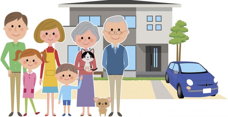 Illustration einer fröhlichen Mehrgenerationenfamilie mit Großeltern, Eltern, Kindern, Hund und Katze vor einem modernen Einfamilienhaus mit Auto in der Einfahrt.
