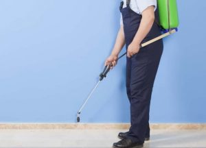 Eine Person in blauer Arbeitskleidung sprüht mit einem langen Stab ein Mittel entlang einer blauen Wand. Auf dem Rücken trägt sie einen grünen Behälter mit Sprühvorrichtung. Sie steht auf einem hellen Boden nahe der Wand.